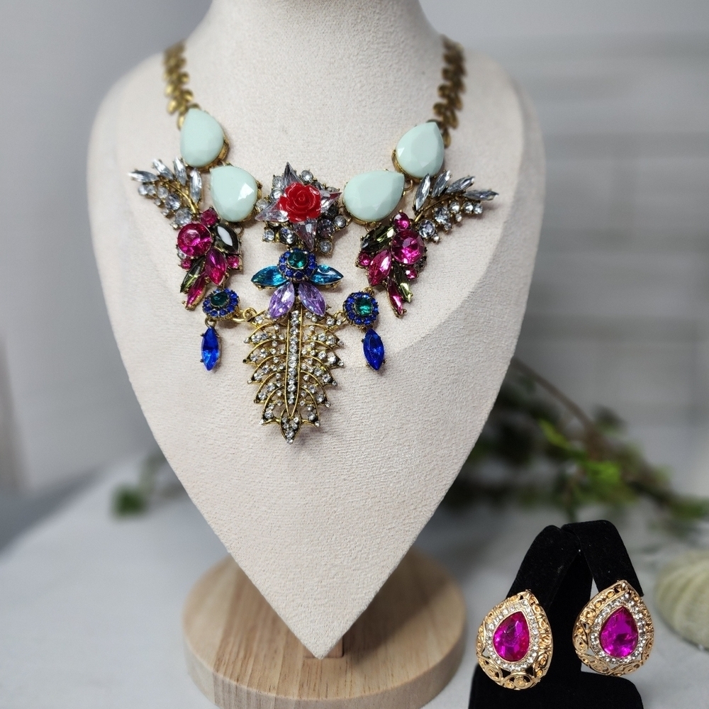 ​Vintage Multicolor Rhinestone Statement Necklace & Teardrop Earrings Set